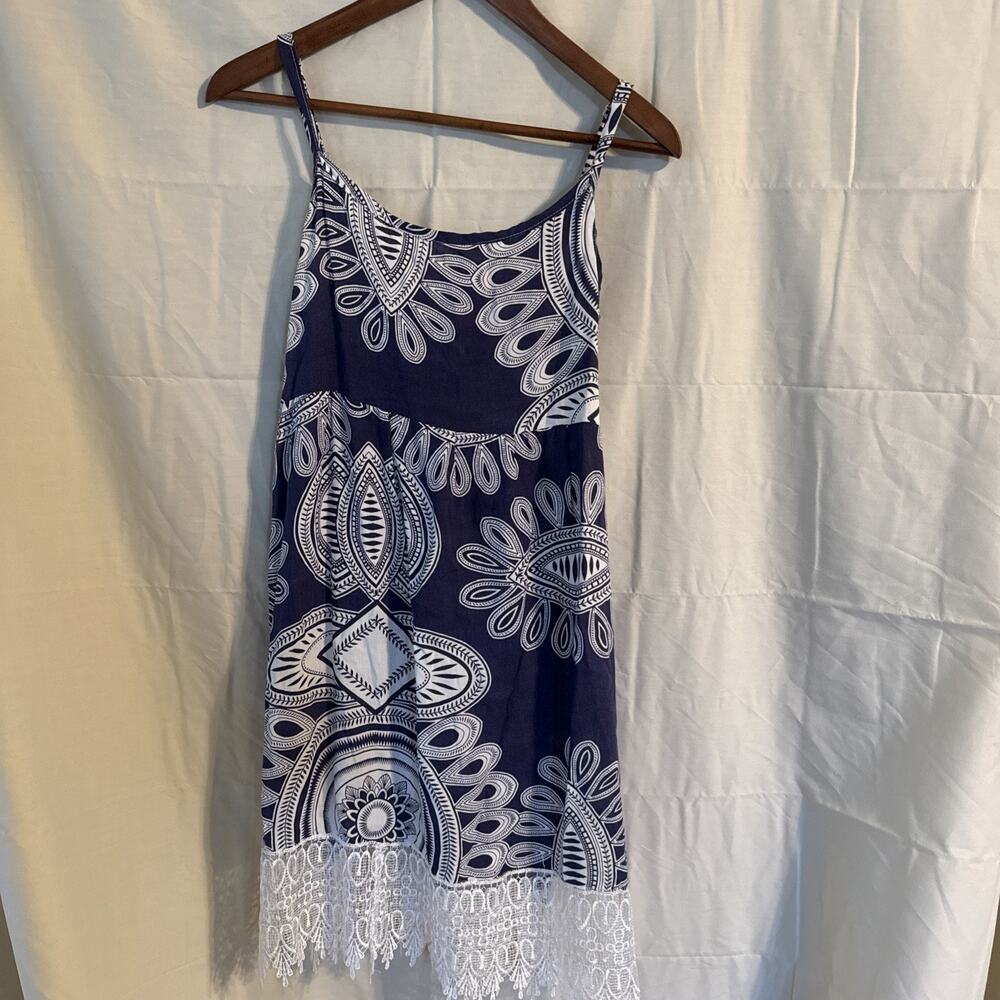 Blue and White Lace Cotton Dress Handmade XS